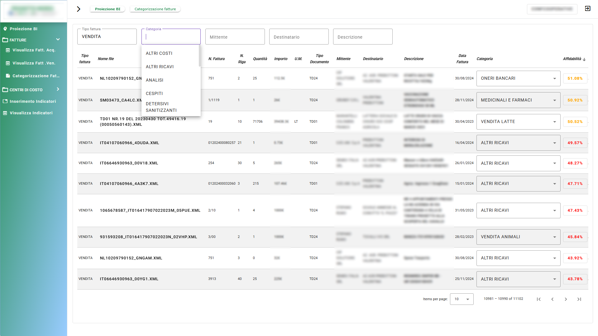 schermata categorizzazione fatture